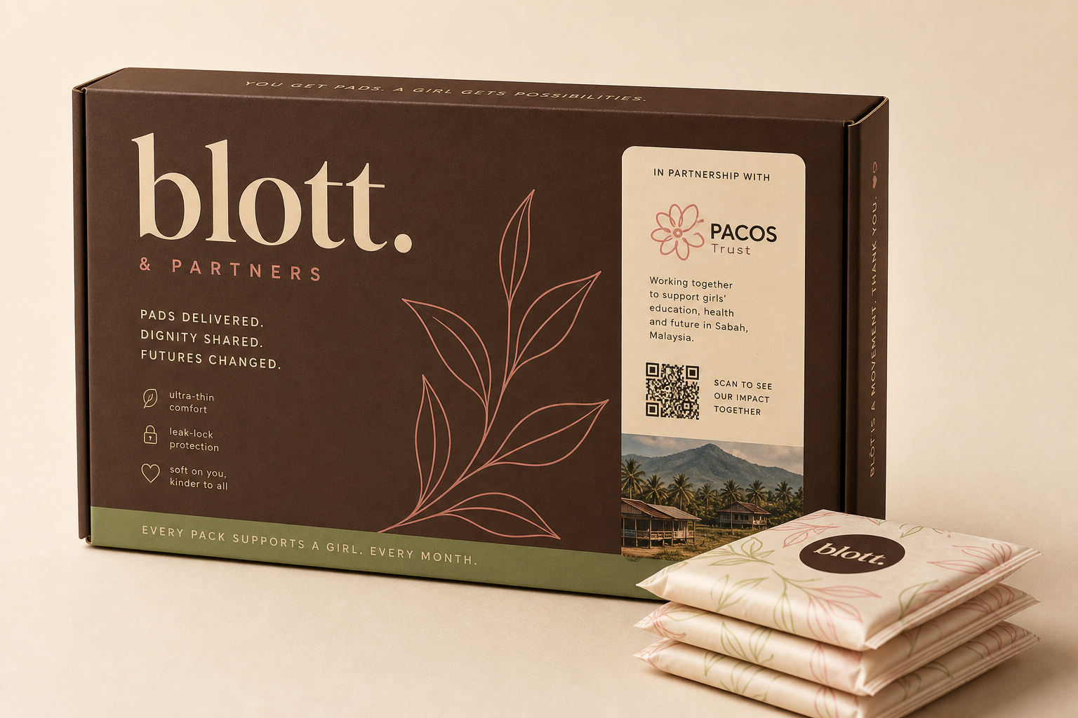 Blott subscription box with pads and a sponsor-ready front panel.